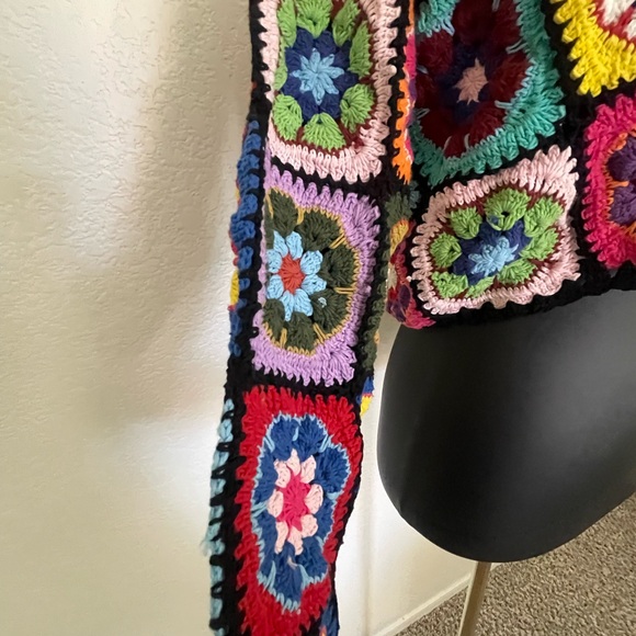 EUC Wild Orange Tree Crochet Granny Square Cardigan Sweater Boho - Picture 4 of 11